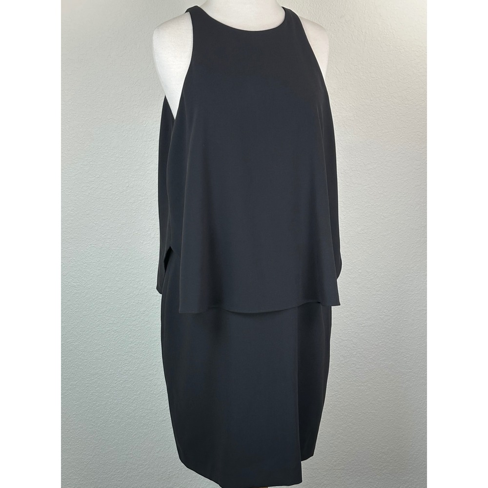 Halston Heritage Black Cape Overlay Shift Dress Sz 12 Sleeveless‎ Minimalist NWT